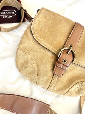 Coach Vintage Suede Saddle Bag Tan Y2K Minimal Buckle Crossbody